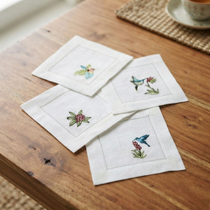Servilletas de cóctel con diseños de flores y pájaros bordados, servilleta de bebida de Hemstitch de lino blanco de 6x6 'para bodas, hogar, Hotel - Product Image 1