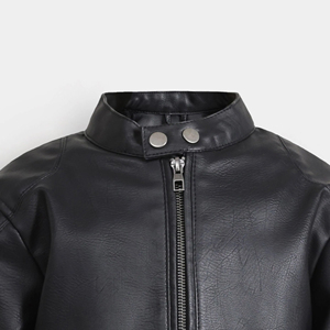 Men Minimal Black <b>Racer</b> Leather <b>Jacket</b> Stand Collar Double Snap Zip Pockets Motorcycle Street Fashion Private Label <b>Jackets</b> - Product Image 5