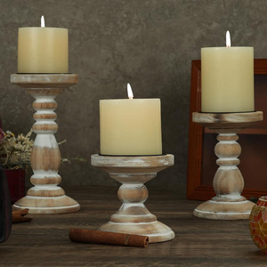 Venta de fábrica portavelas de pilar de madera Juego de 3 portavelas de madera de mango blanco rústico para velas de pilar para decoración del hogar - Product Image 5