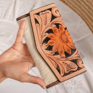 High Quality Women's Genuine Leather Purse Wallet Fashionable <b>Long</b> Design Clutch <b>Bag</b> with Open Closure and Decorative Feathers - Product Image 1