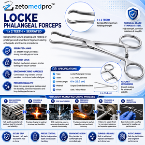 Pinzas falangiales LOCKE 1x2 con dientes serrados, longitud 6 pulgadas (15.2 cm), ZETOMEDPRO - Product Image 2