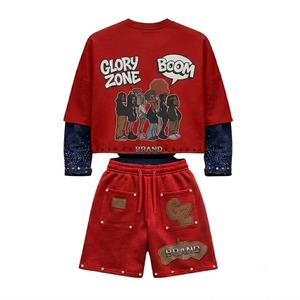 Conjunto de Camiseta con Estampado de Diamantes de Imitación Personalizada Glory, 100% Algodón Jersey, Estilo Moderno, Camiseta de Doble Manga con Pantalones Cortos Estampados para Unisex - Product Image 2
