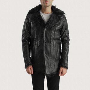 Relevo Industries <b>Men's</b> <b>Black</b> Leather Quilted Jacket Stand Collar <b>Long</b> Sleeve Slim Fit Winter High Street Style Windproof <b>Coat</b> - Product Image 2