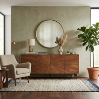 Buffet moderne en bois de noyer et teck avec motif incrusté soleil, armoire à 4 portes, console TV, meuble de rangement pour salon