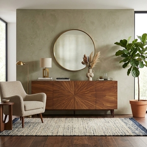 Buffet moderne en bois de noyer et teck avec motif incrusté soleil, armoire à 4 portes, console TV, meuble de rangement pour salon - Product Image 3