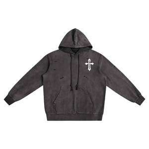 Sudadera con capucha gruesa de 500 g/m² de forro polar, con lavado mineral digital, transpirable, de corte holgado, con ribete deshilachado, estilo streetwear. - Product Image 2