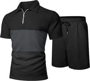 Ensemble de jogging pour hommes, été, tricoté, brodé, 100% coton, séchage rapide, manches courtes, logo personnalisé, ensemble chemise et short - Product Image 1
