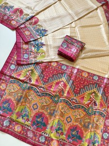 Sari indien traditionnel en soie avec imprimé numérique et ensemble de chemisier pour les occasions de mariage, sari long pour femmes - Product Image 2