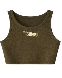 Ensemble décontracté deux pièces pour femme : débardeur court côtelé et short à cordon de serrage, broderie florale vert olive – Fabricant - Product Image 2