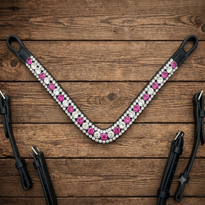 Frontal de cheval en cuir véritable noir, personnalisé, avec cristaux roses et blancs scintillants, chaîne décorative ondulée, faible MOQ - Product Image 1