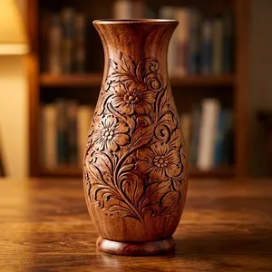 Handcrafted Wooden Flower <b>Vase</b> Decorative Carved Floral Design Tabletop Home Decor - Product Image 4