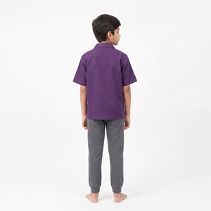 Chemise unisexe tendance pour enfants à col campagnard boutonnée à manches courtes, couleur unie, 100 % coton respirant, coupe décontractée, haut de loisirs - Product Image 3