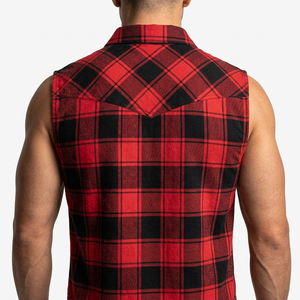 Chemise sans manches en flanelle à carreaux pour homme, coupe ample, rouge et noir, col rabattu, respirante, pour l'automne, fabrication sur mesure - Product Image 4