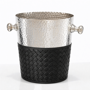 Cubo de Hielo para Vino de Aluminio Clásico Premium con Acabado Martillado, Base de Cuero Tejido Negro, Asas Laterales de Metal, Capacidad de 3L - Product Image 1