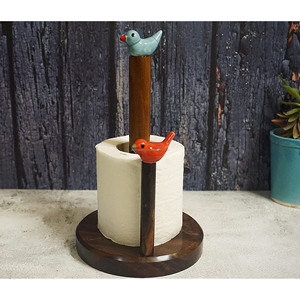 Toallero de papel de cocina de madera con acabado de pulido de madera marrón con diseño de pájaro forma redonda de alta calidad para papel tisú - Product Image 1