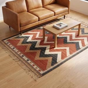 Alfombra de lana de pelo corto tejida a mano de alta demanda - Color terracota sólido, antideslizante, con base de lona de algodón y flecos - Product Image 3