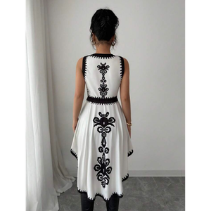 Túnica Peplum Bordada con Cintura Ajustada y Ribete en Contraste, Estilo Étnico Bohemio Chic Contemporáneo, Sin Mangas - Product Image 3