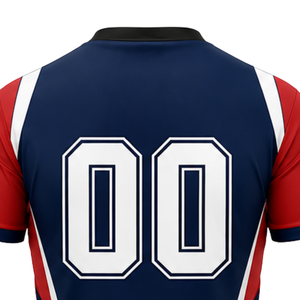 Ensemble de maillot et short de volley-ball bleu marine, rouge et blanc, à manches courtes, sublimé, personnalisé pour équipe, tenue de tournoi - Product Image 5