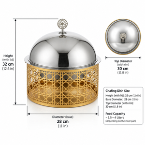 Round Stainless Steel Chafing Dish with Gold Woven Rattan Lattice Base Sleeve and Polished Dome Lid <b>Buffet</b> <b>Server</b> for Home Hotel - Product Image 5