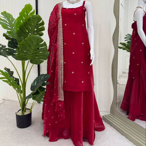 Traje Sharara de Seda TENNECY con Hilo y Lentejuelas para Bodas, con Dupatta Elegante, Elástico, Antiarrugas, Reversible, para Todas las Temporadas - Product Image 1