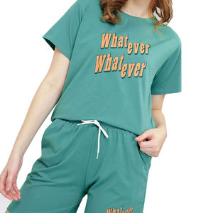 Conjunto de Verano para Mujer, Top Ventas, 100% Algodón, Transpirable, Informal, con Camiseta Estampada OEM y Pantalones Cortos - Product Image 6