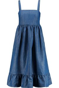 Vestido Midi Azul Vaquero sin Mangas con Pliegues Escalonados, Estilo Espalda Descubierta con Botones Delanteros para Fiestas Casuales - Product Image 5