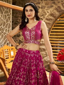 Bollywood <b>Bride</b> Floor-Length A-Line Wedding <b>Gown</b> Faux Georgette Embroidered Lehenga Set Sleeveless Dupatta Party Outfit - Product Image 1