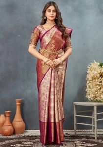 Sari de Seda Jacquard Dharmavaram Tejido Tradicional KV - Reversible, Sin Arrugas, para Fiestas - Product Image 3
