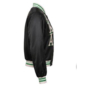 Women Black Satin Jacket Embroidered Varsity Style Casual Outerwear <b>Button</b> Front Fashion Jacket Lightweight Stylish Apparel - Product Image 2