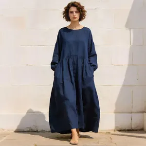Women Navy Blue Cotton Maxi <b>Dress</b> O Neck Long Sleeve Loose Fit <b>Boho</b> Casual Flowy <b>Summer</b> <b>Dress</b> - Product Image 1