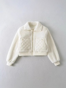 Veste en fausse fourrure vintage décontractée pour femmes, col montant, courte, en laine/nylon, hiver, manches longues, poches plaquées, couleur unie - Product Image 1