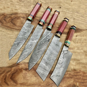 5-Piece Damascus Steel <b>Knife</b> <b>Set</b> with Wood Handles up 5.9in Blade Length Ambidextrous Design Straight Edge <b>Sharp</b> Polished Finish - Product Image 2