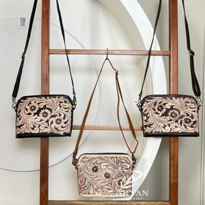 Premium Hand Tooled Leather Crossbody Handbags Floral Carved Design Women Western Style Compact Genuine Leather <b>Shoulder</b> Bags - Product Image 1