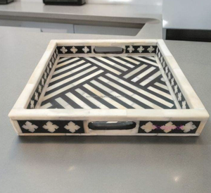 Plateau de service artisanal en bois incrusté, qualité commerciale, compatible lave-vaisselle, motif floral, décoration intérieure, vaisselle décorative de luxe - Product Image 4