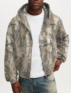 Sweat-shirts à capuche zippés camouflage pour hommes, en polaire oversize, avec motif feuille de camouflage, pour l'automne - Product Image 4