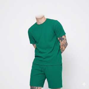 Men's Green Solid <b>Knitted</b> Short Sleeve T-Shirt <b>Set</b> Crew Neck Casual Summer Wear Breathable Cotton Fabric - Product Image 1