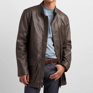 Elegante Abrigo de Cuero Genuino para Hombre, Largo Regular, Cuello en V, Botones de Cuerno, Talla Grande, Otoño Invierno - Product Image 1