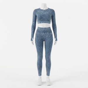 <b>Women</b> Blue Acid Wash Yoga Set Long Sleeve <b>Crop</b> Top High Waist Full Length <b>Leggings</b> Gym Fitness Workout Activewear - Product Image 1