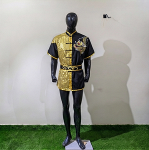 Men's Black Gold Sequin Kung Fu Uniform with <b>Dragon</b> Embroidery Fitted Stretch Shirt and Shorts for Adults - Product Image 1