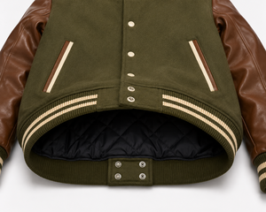 Veste de baseball pour homme de style universitaire décontracté, couleur vert olive, avec manches en cuir marron et bordures crème - Product Image 6