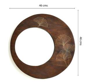 Miroir mural rond moderne en bois avec incrustation de feuilles en laiton doré, miroir décoratif, grand miroir circulaire pour salon, chambre à coucher - Product Image 2