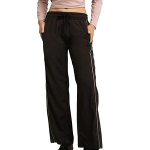 Women's Black Wide Leg Drawstring Pants <b>With</b> Side Stripe <b>Elastic</b> <b>Waistband</b> Casual Loose Fit Full Length <b>Trousers</b> - Product Image 1