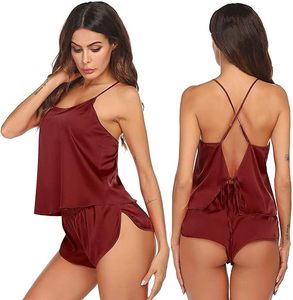 Women’s <b>Silk</b> Satin Pajama <b>Set</b> Backless <b>Cami</b> Top and Shorts Soft Luxury Sleepwear Sexy Nightwear Lounge <b>Set</b> - Product Image 1