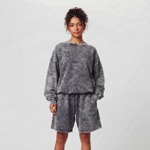 Conjunto de Shorts Deportivos para Mujer con Efecto Ácido, Conjunto de Dos Piezas de Felpa con Efecto Ácido, Conjunto de Shorts Deportivos de Algodón con Cuello Redondo - Product Image 1