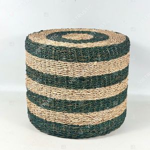 Puf cilíndrico y reposapiés de junco marino tejido a rayas, diseño artesanal moderno, tamaño y color personalizables - Product Image 5