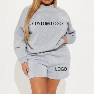 Ensemble de survêtement court en molleton 2 pièces pour femme, avec logo personnalisé, en coton tricoté 100%, pour usage quotidien, collection automne - Product Image 2