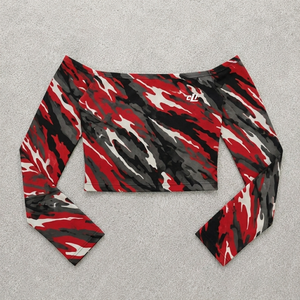 Off Shoulder Trendy Women's <b>Crop</b> <b>Top</b> <b>Red</b> Camo Print Scooped Neckline Long Sleeves Casual Streetwear Summer Fashion Custom Logo - Product Image 3