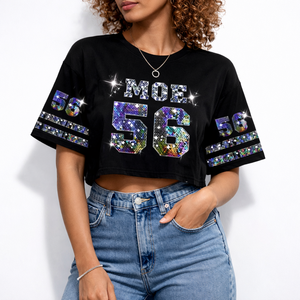 Maillot de football américain court pour femme de qualité supérieure avec strass, numéro personnalisé à paillettes, haut streetwear, marque privée, OEM, vente en gros - Product Image 3