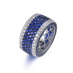 Moissanite Blue Sapphire Band <b>Ring</b> Iced Out Pave Wedding Statement Jewelry Silver Tone Luxury <b>Ring</b> for <b>Men</b> Women - Product Image 1