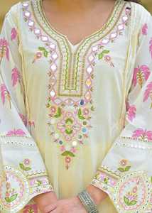 Stylish Womens Off <b>White</b> 60x60 Cotton Mirror <b>Work</b> Suit Set with Printed Kurta Palazzo <b>Trousers</b> and Soft Dupatta for Festive Wear - Product Image 5